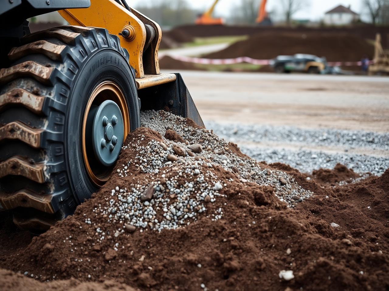 Radladerschaufel mit Erd- und Schüttgutmaterial auf einer Baustelle